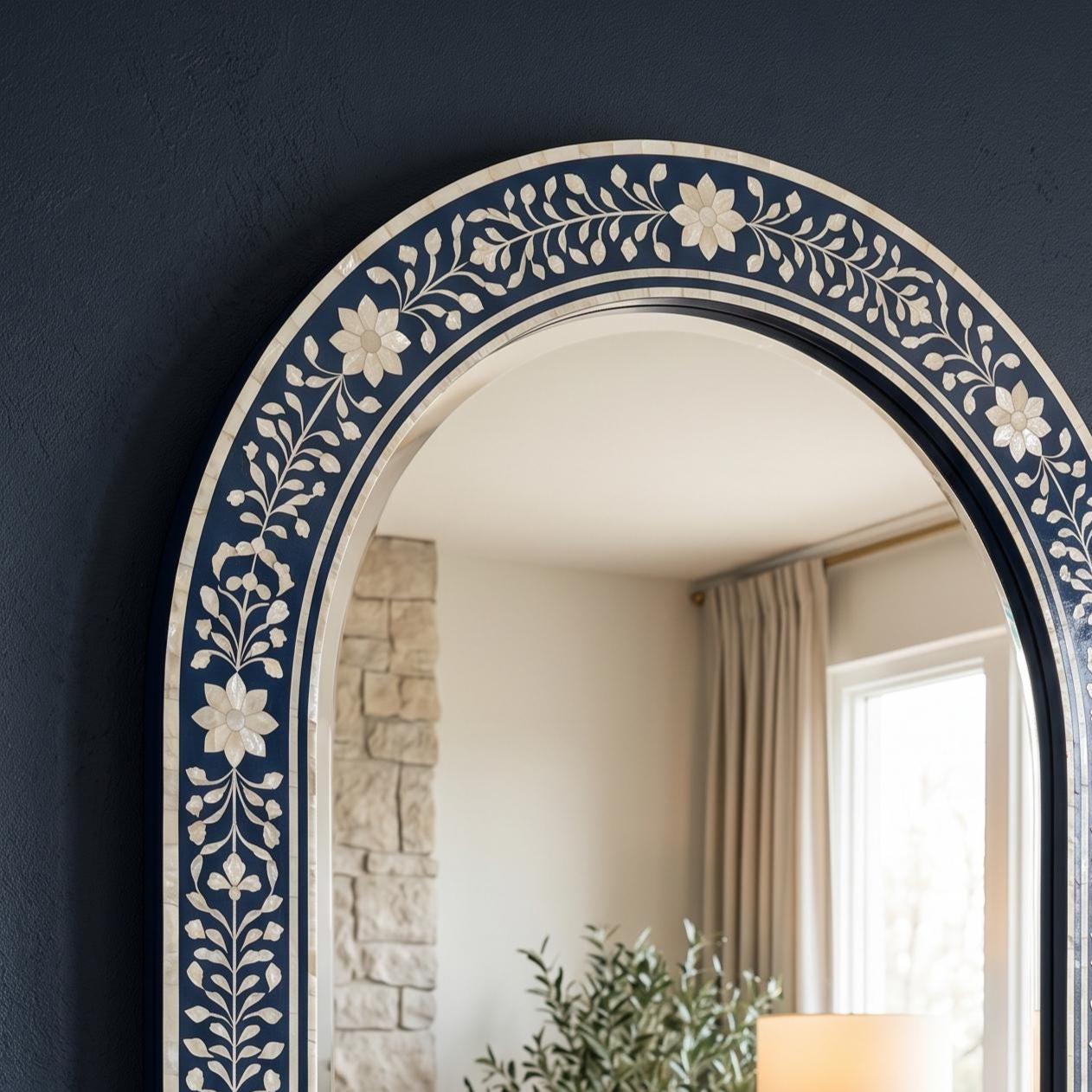 Navy Blue Mother of Pearl Inlay Arch Mirror Luxury Wall Decor Contemporary Decor
