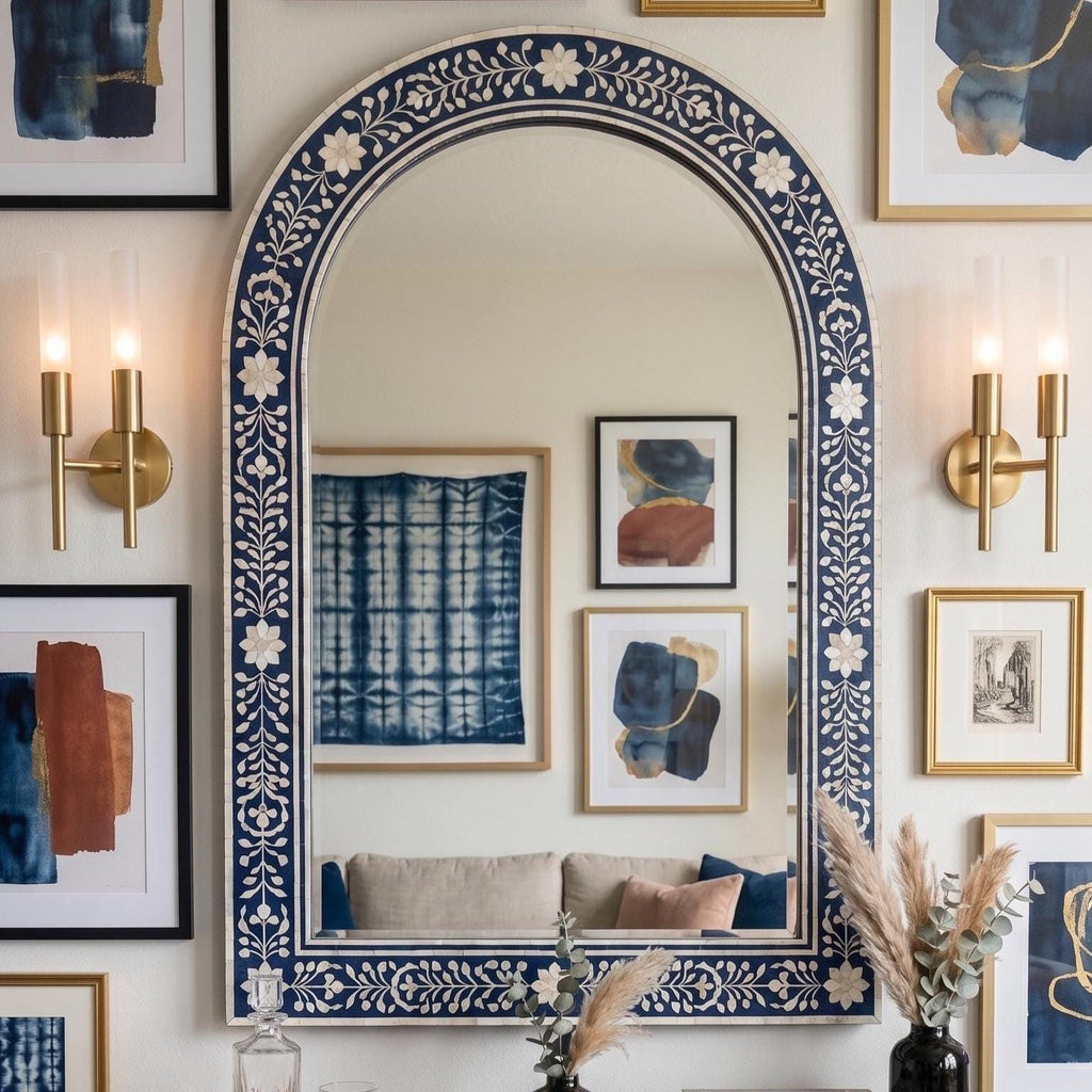Navy Blue Mother of Pearl Inlay Arch Mirror Luxury Wall Decor Contemporary Decor