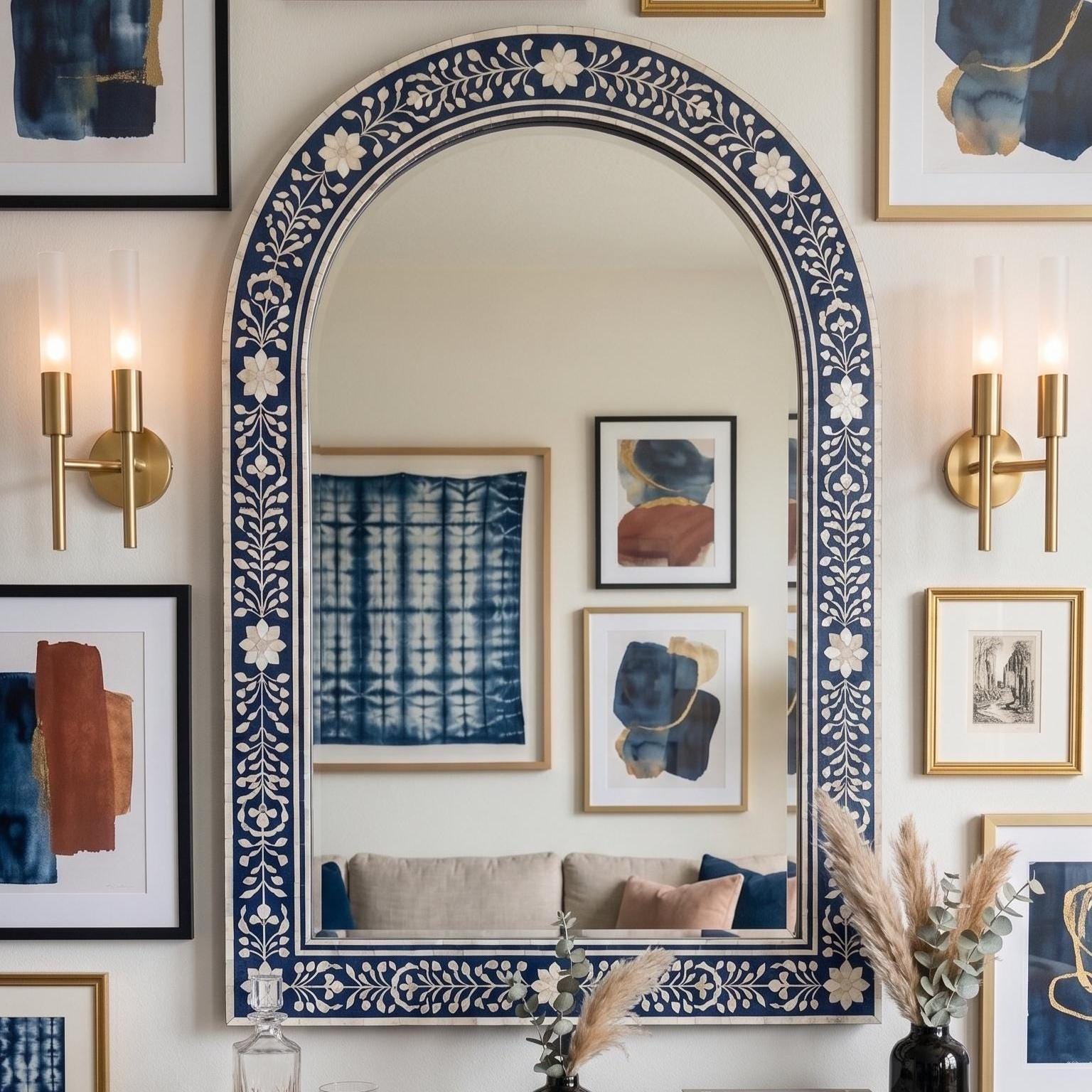 Navy Blue Mother of Pearl Inlay Arch Mirror Luxury Wall Decor Contemporary Decor
