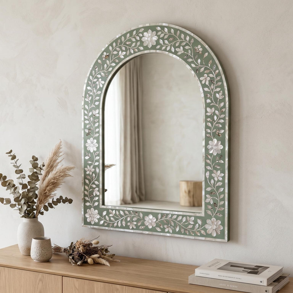 Sage Green Mother of Pearl Arch Mirror Floral Wall Decor vanity decor