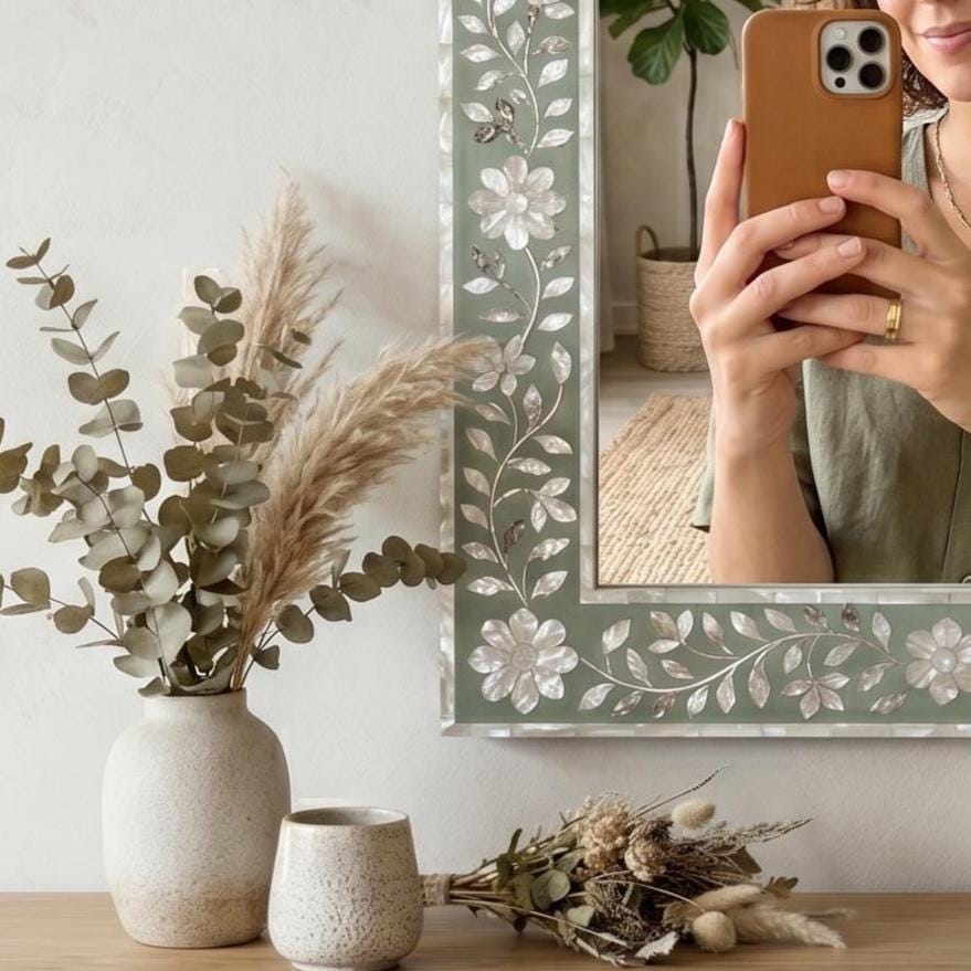 Sage Green Mother of Pearl Arch Mirror Floral Wall Decor vanity decor