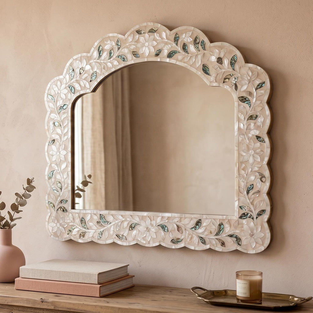 Handcrafted Shell Inlay Scalloped Arch Mirror Wall Decor