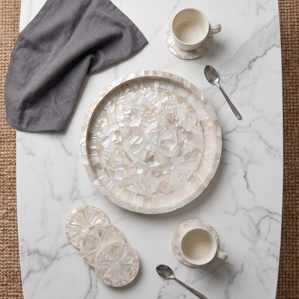 Mother of Pearl Inlay Round Tray Handmade Decorative Serving Tray