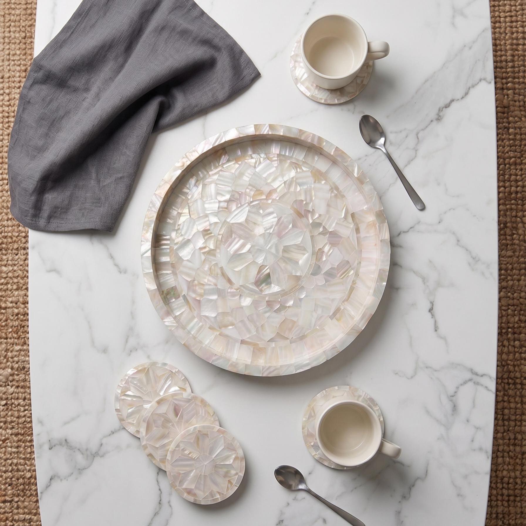 Mother of Pearl Inlay Round Tray Handmade Decorative Serving Tray