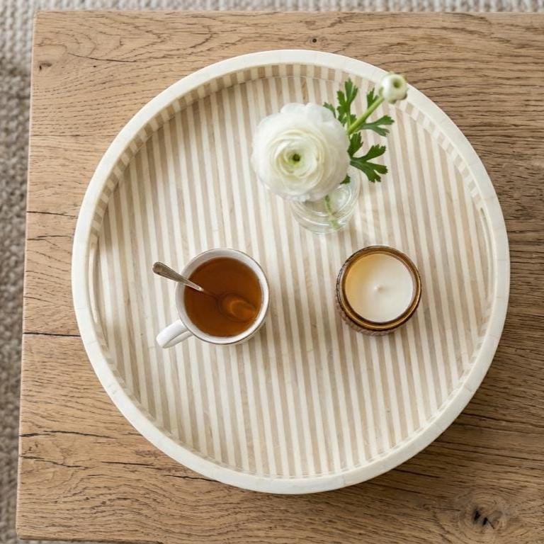 Round Serving Tray Bone Inlay Stripe Pattern Handmade vanity Decor