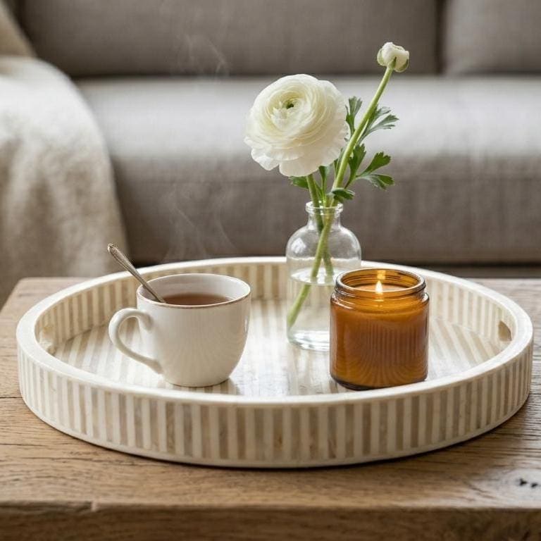 Round Serving Tray Bone Inlay Stripe Pattern Handmade vanity Decor