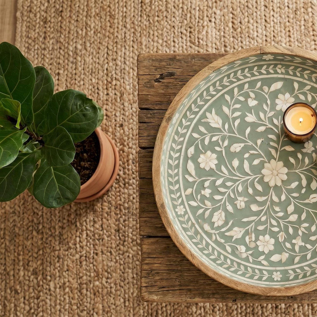 Sage Green Bone Inlay Round Tray Floral Vine Serving Tray vanity Decor