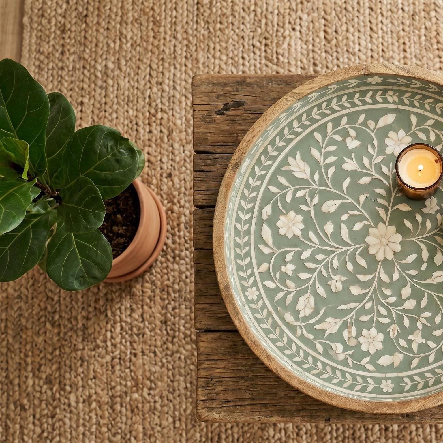 Sage Green Bone Inlay Round Tray Floral Vine Serving Tray vanity Decor