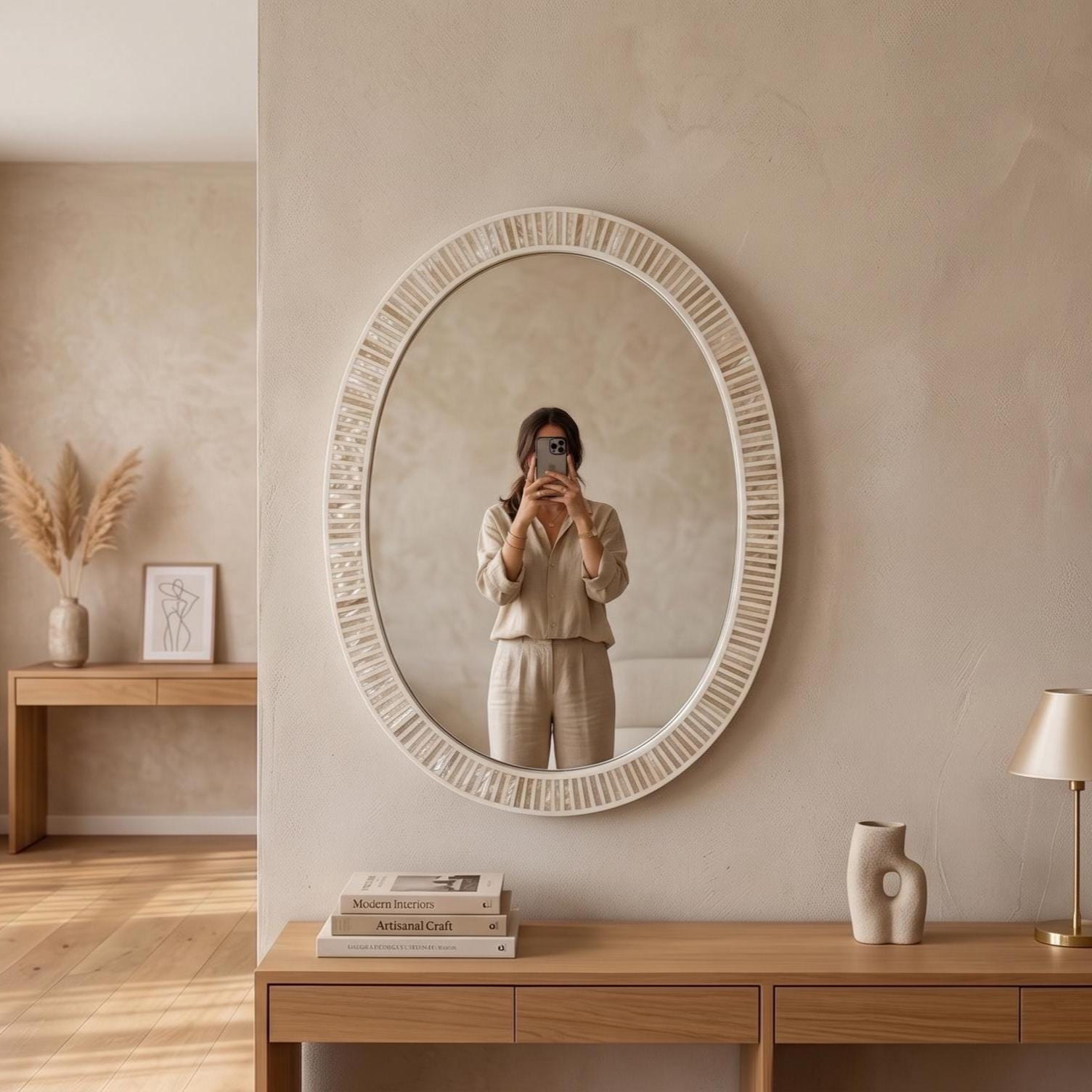 Oval Mother of Pearl Mirror, Modern Stripe Inlay Vanity, Handmade Luxury Bathroom Decor