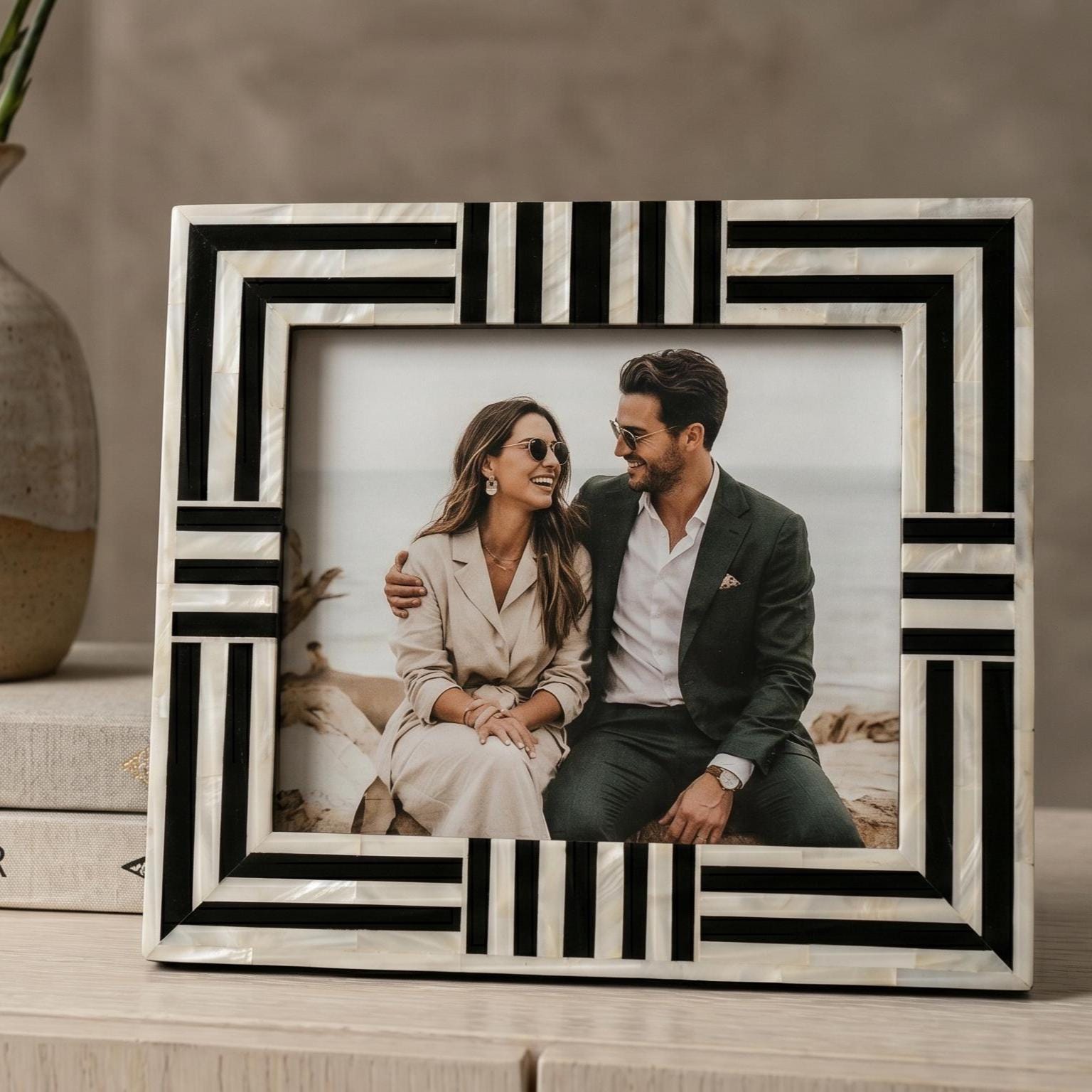 Geometric Stripe Mother of Pearl Picture Frame Handmade MOP Decor