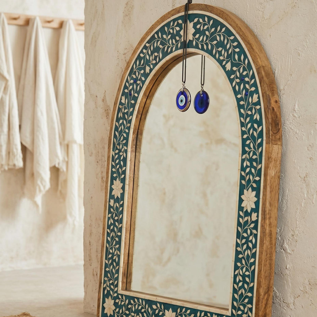 Turquoise Bone Inlay Arch Mirror Floral Wall Hanging Decor