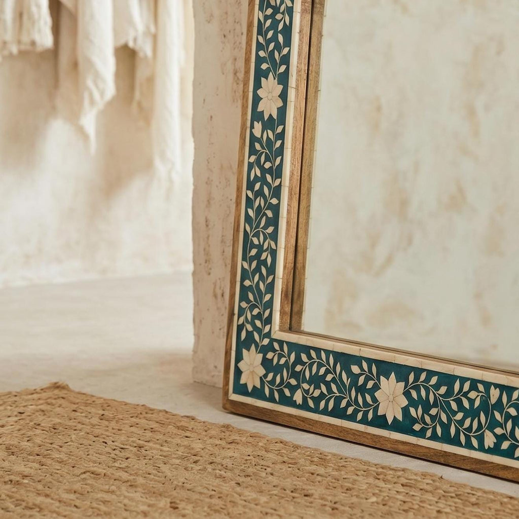 Turquoise Bone Inlay Arch Mirror Floral Wall Hanging Decor