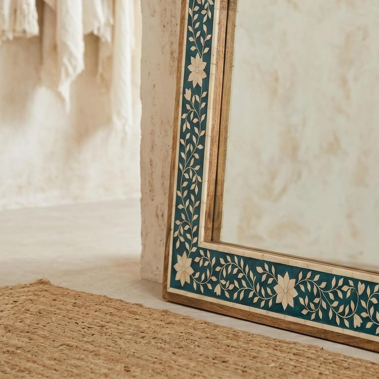 Turquoise Bone Inlay Arch Mirror Floral Wall Hanging Decor