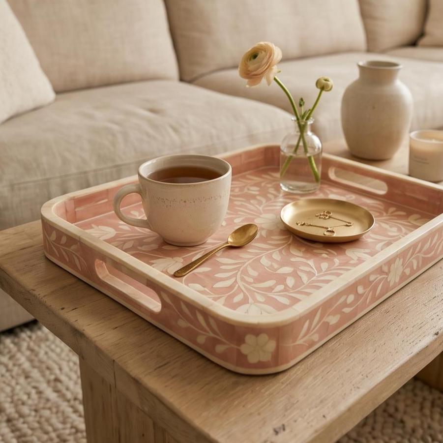 Blush Pink Floral Bone Inlay Tray Rounded Edge Serving & decorativeTray