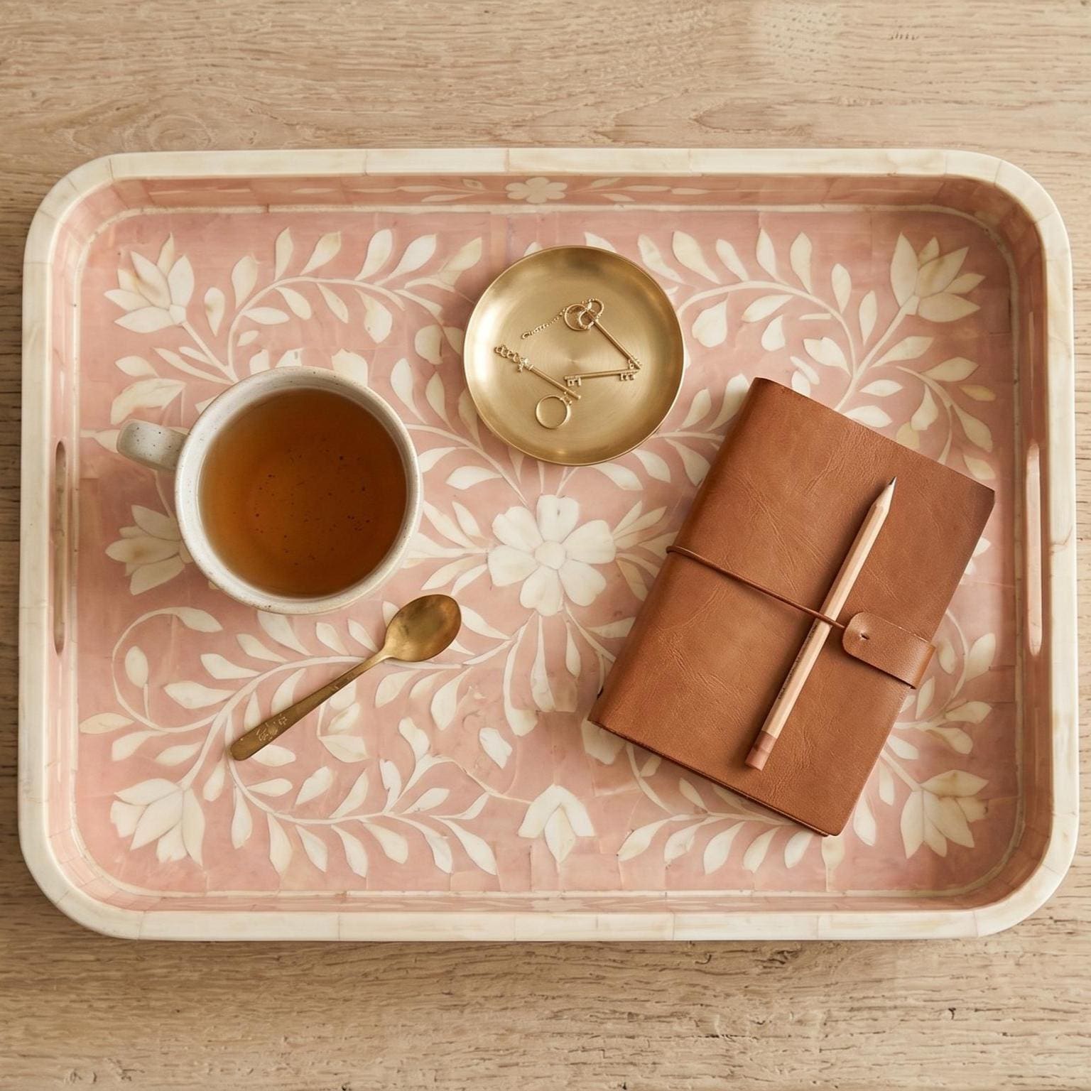 Blush Pink Floral Bone Inlay Tray Rounded Edge Serving & decorativeTray