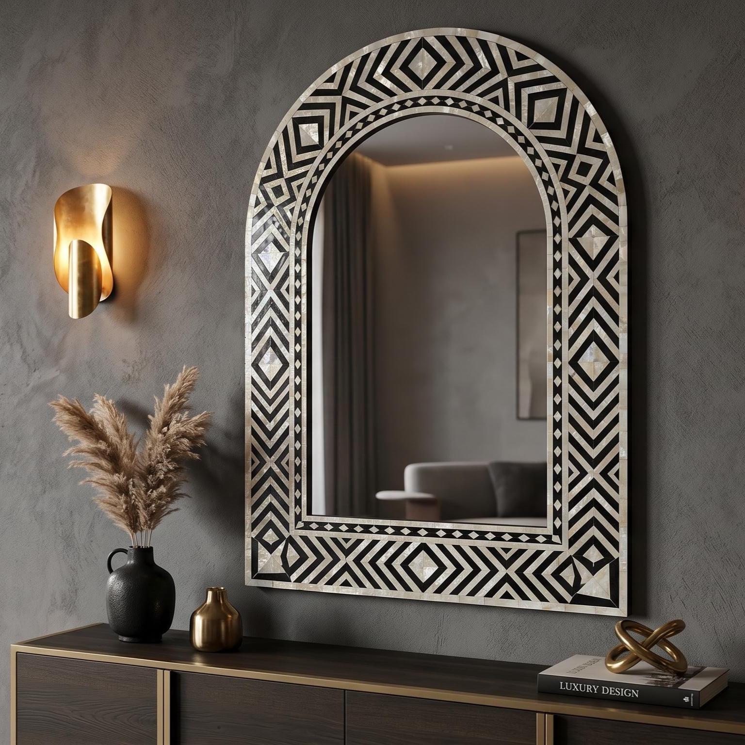 Mother of Pearl inlay Arch Mirror handmade Black Ivory Geometric Design
