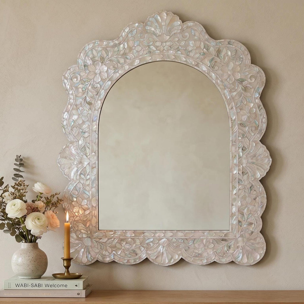 Scalloped Arch Mother of Pearl Mirror Floral Mosaic Wall Decor blush pink