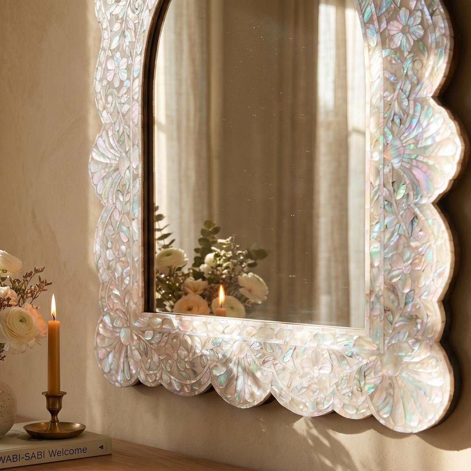 Scalloped Arch Mother of Pearl Mirror Floral Mosaic Wall Decor blush pink