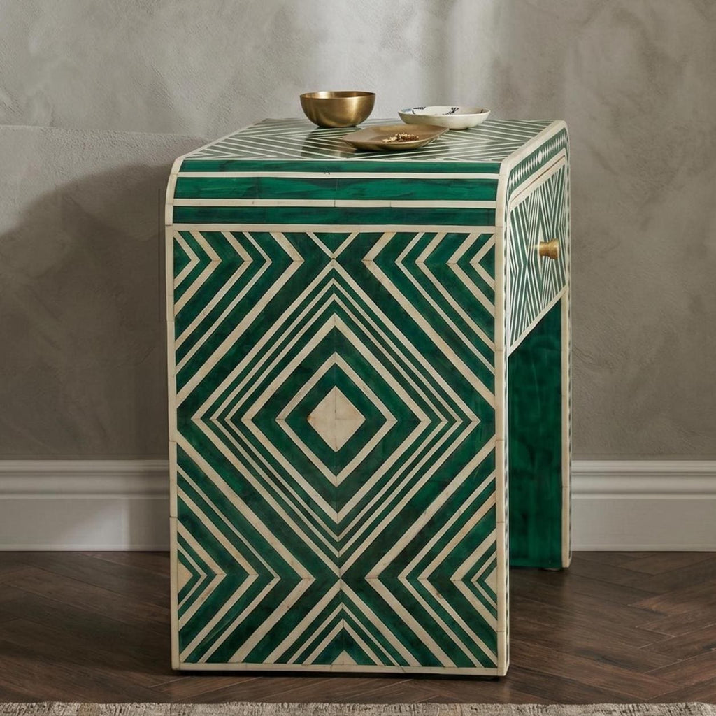 Emerald Green Bone Inlay Bedside Table Geometric Waterfall Design