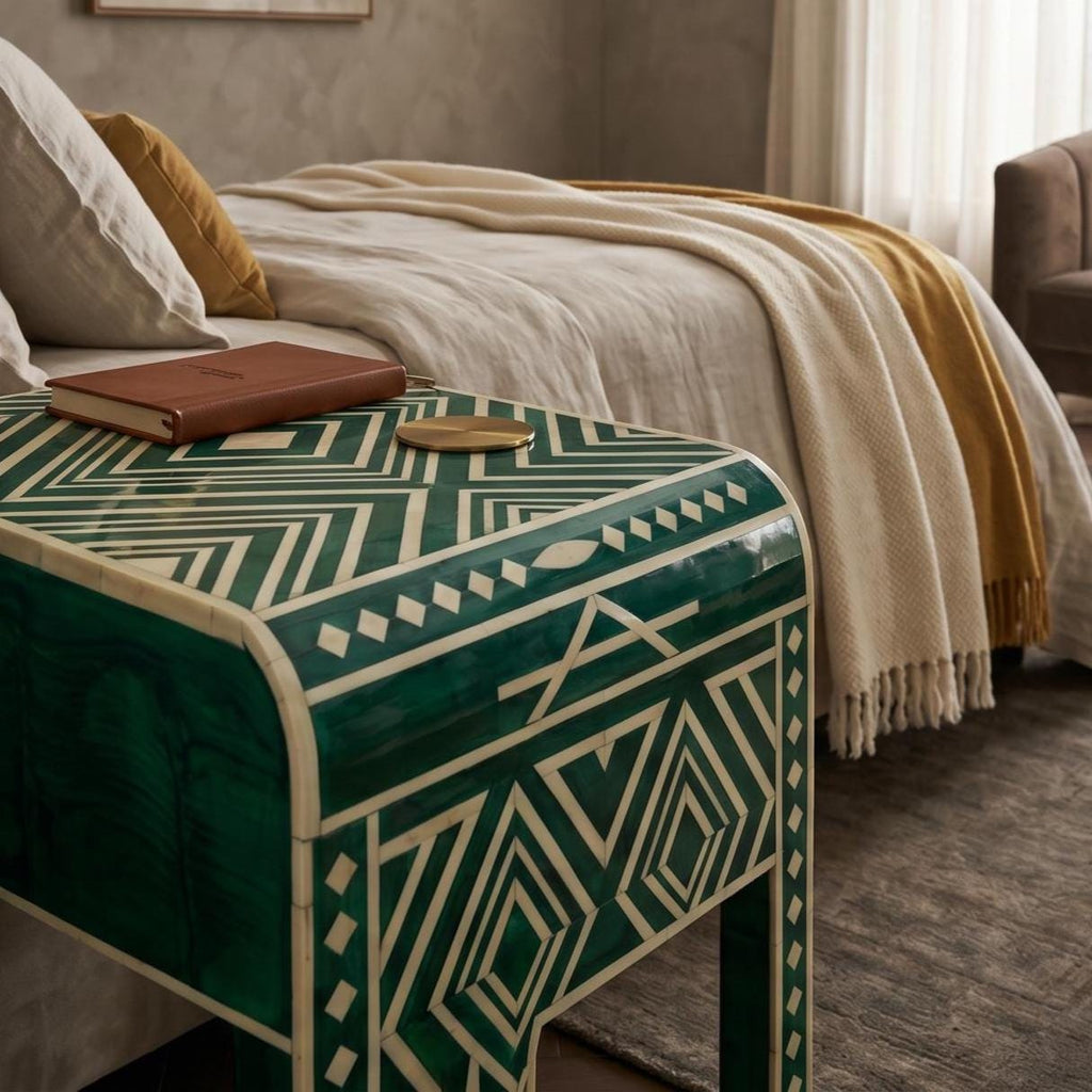 Emerald Green Bone Inlay Bedside Table Geometric Waterfall Design