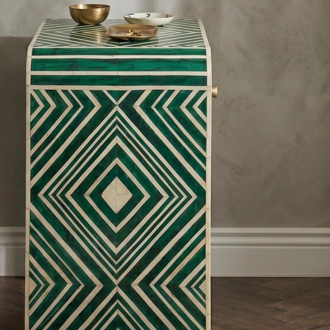Emerald Green Bone Inlay Bedside Table Geometric Waterfall Design
