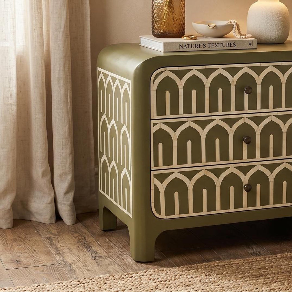 Dusty Olive Bone Inlay Bedside Table Arch Pattern Nightstand