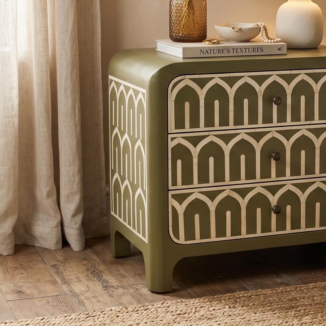 Dusty Olive Bone Inlay Bedside Table Arch Pattern Nightstand
