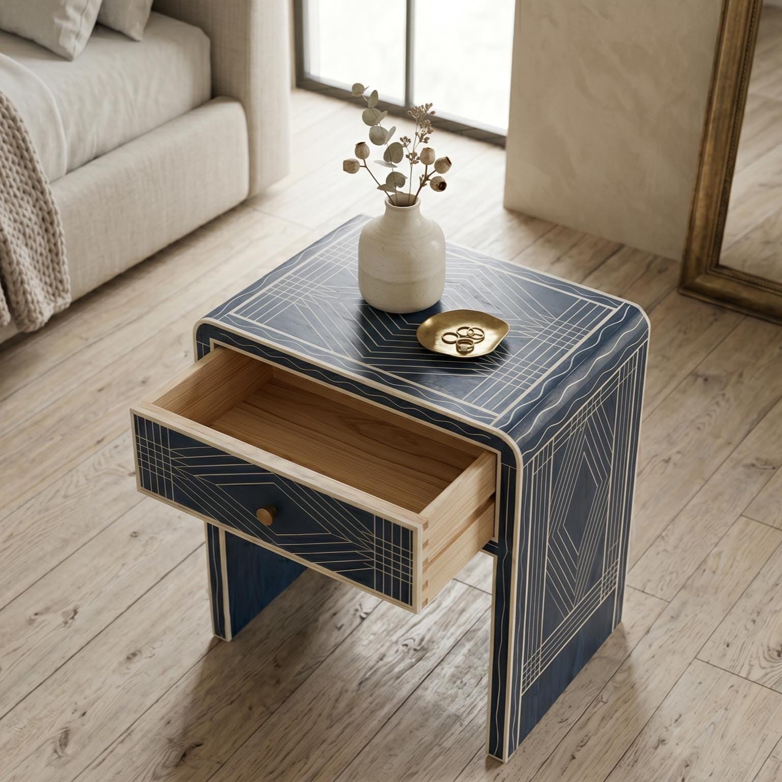 Navy Blue Bone Inlay Bedside Table Minimal Checker Pattern