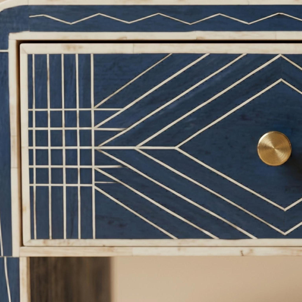 Navy Blue Bone Inlay Bedside Table Minimal Checker Pattern