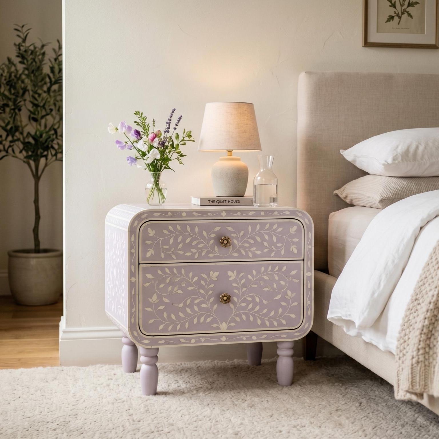 Lavender Bone Inlay Nightstand Floral Vine Pattern side table bedside