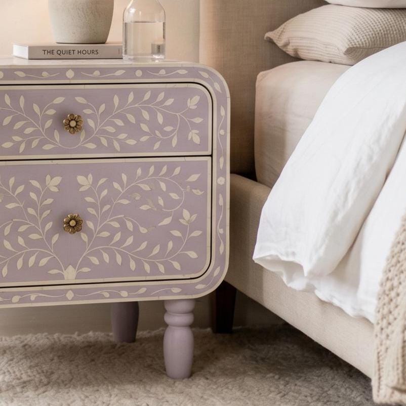 Lavender Bone Inlay Nightstand Floral Vine Pattern side table bedside
