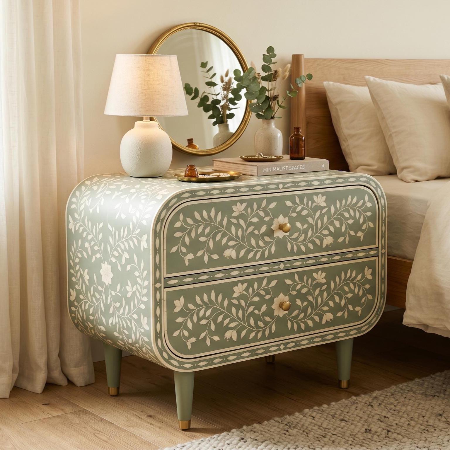 Sage Green Bone Inlay Nightstand Rounded Luxury Design