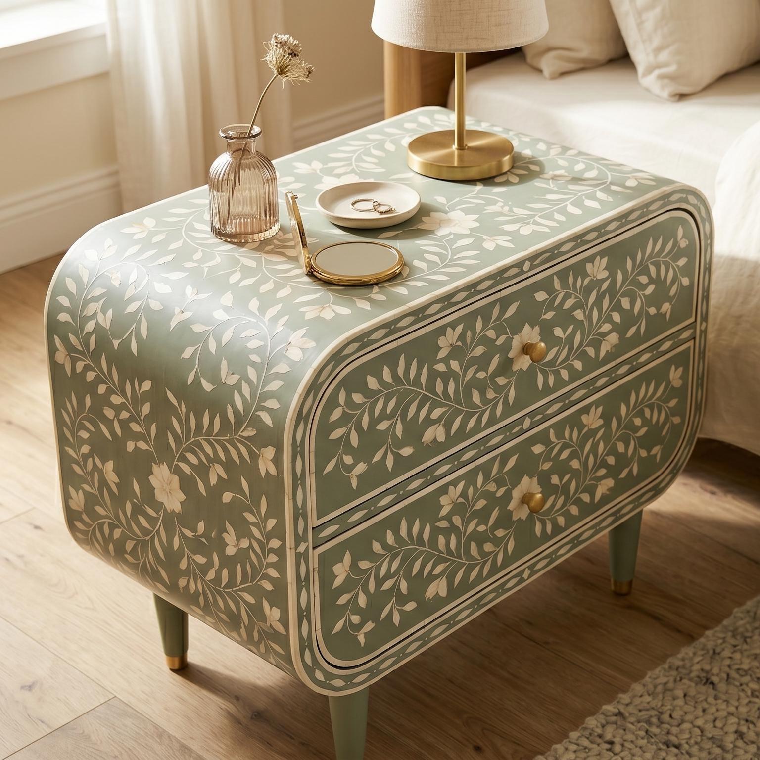 Sage Green Bone Inlay Nightstand Rounded Luxury Design