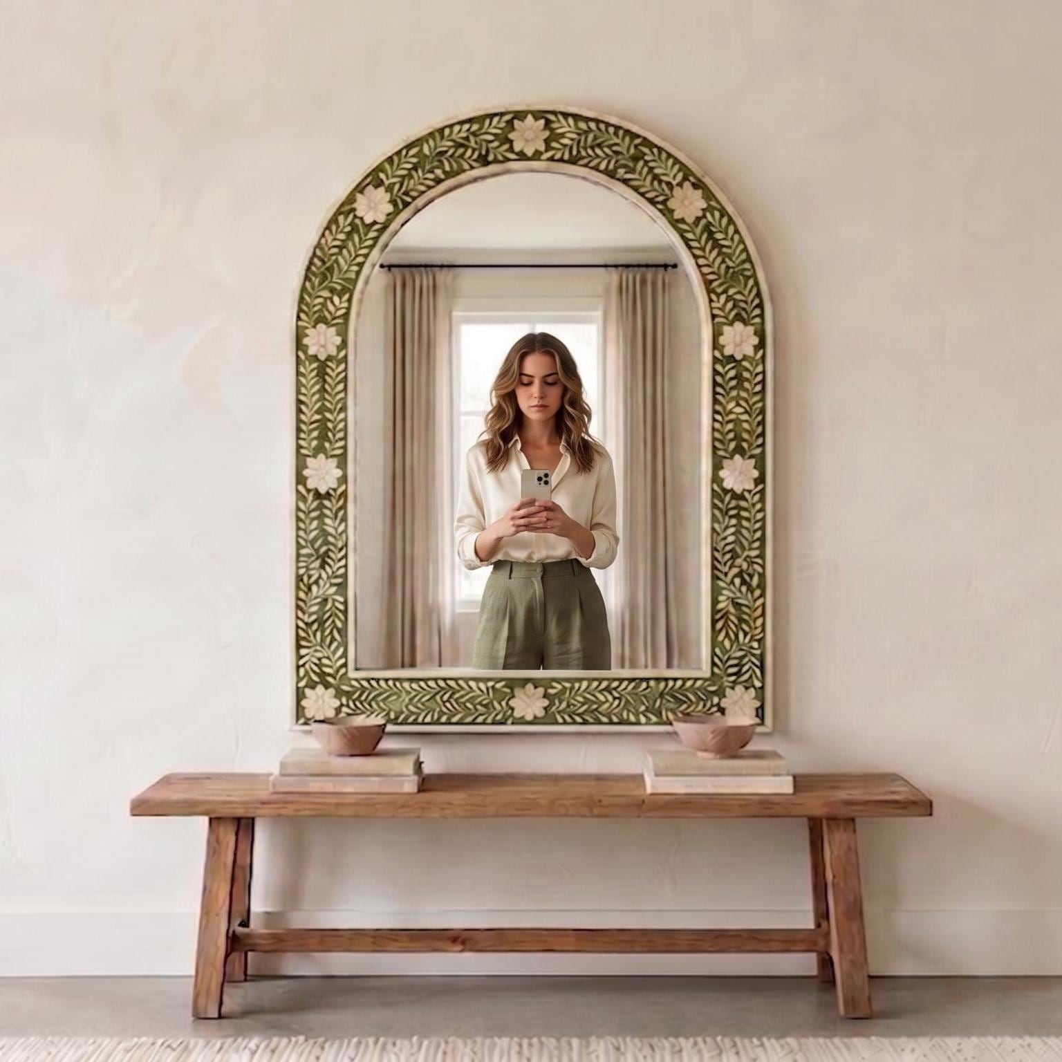 Floral Bone Inlay Arch Mirror olive Green Wall Vanity Decor