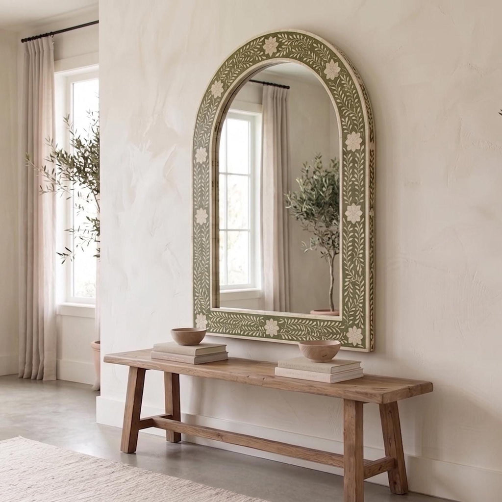 Floral Bone Inlay Arch Mirror olive Green Wall Vanity Decor
