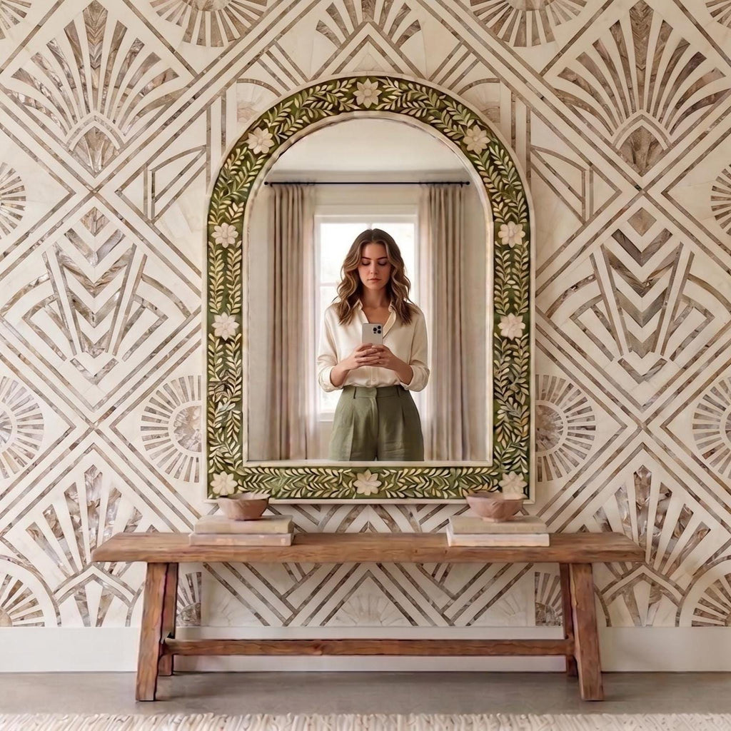 Floral Bone Inlay Arch Mirror olive Green Wall Vanity Decor