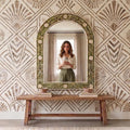 Floral Bone Inlay Arch Mirror olive Green Wall Vanity Decor