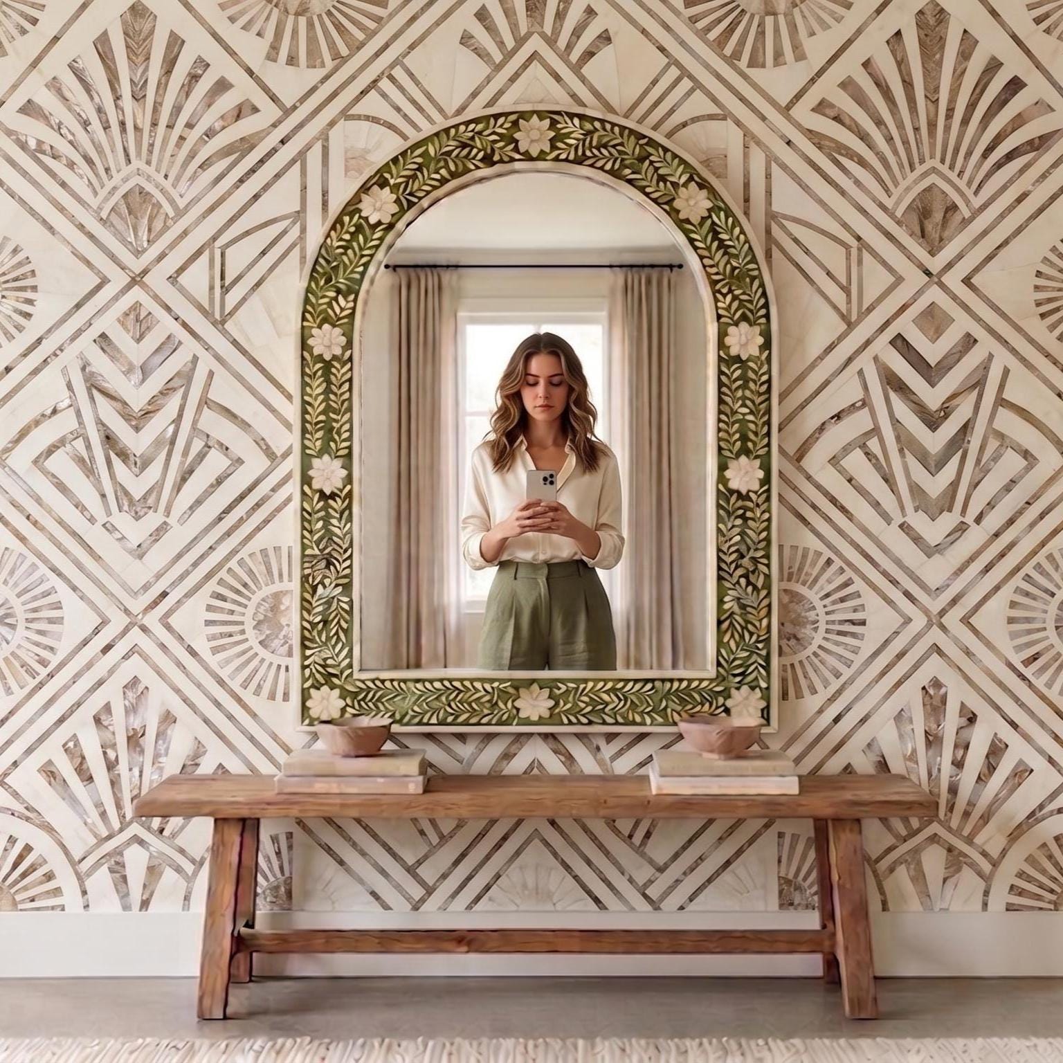 Floral Bone Inlay Arch Mirror olive Green Wall Vanity Decor
