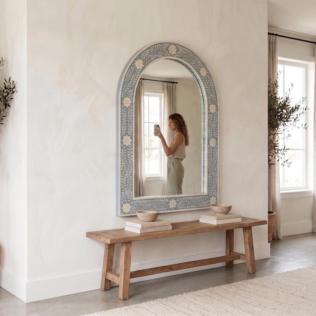 Floral Bone Inlay Arch Mirror dusty blue Wall Vanity Decor