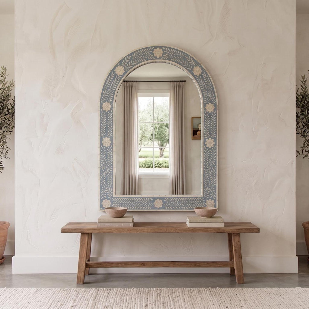 Floral Bone Inlay Arch Mirror dusty blue Wall Vanity Decor