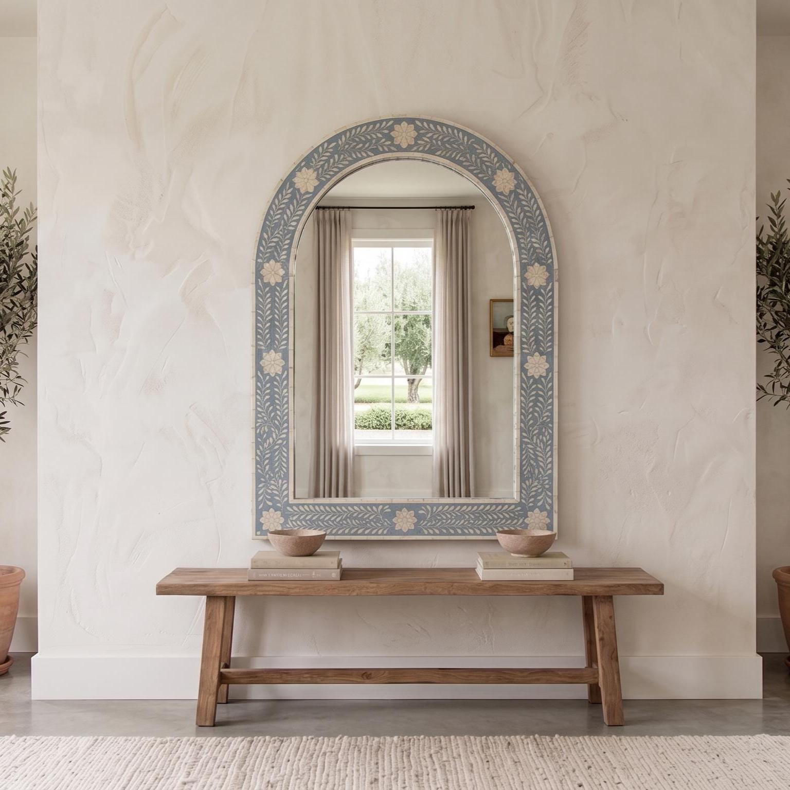 Floral Bone Inlay Arch Mirror dusty blue Wall Vanity Decor