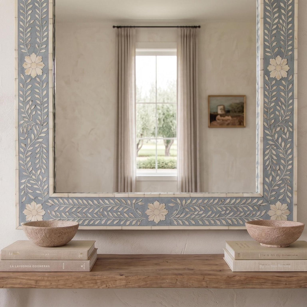 Floral Bone Inlay Arch Mirror dusty blue Wall Vanity Decor
