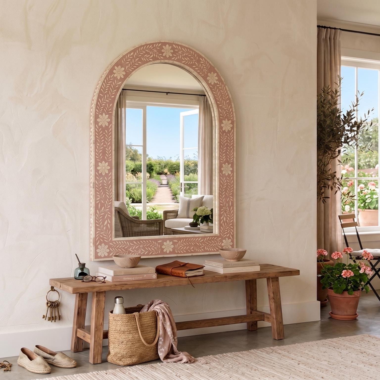 Floral Bone Inlay Arch Mirror blush pink Wall Vanity Decor