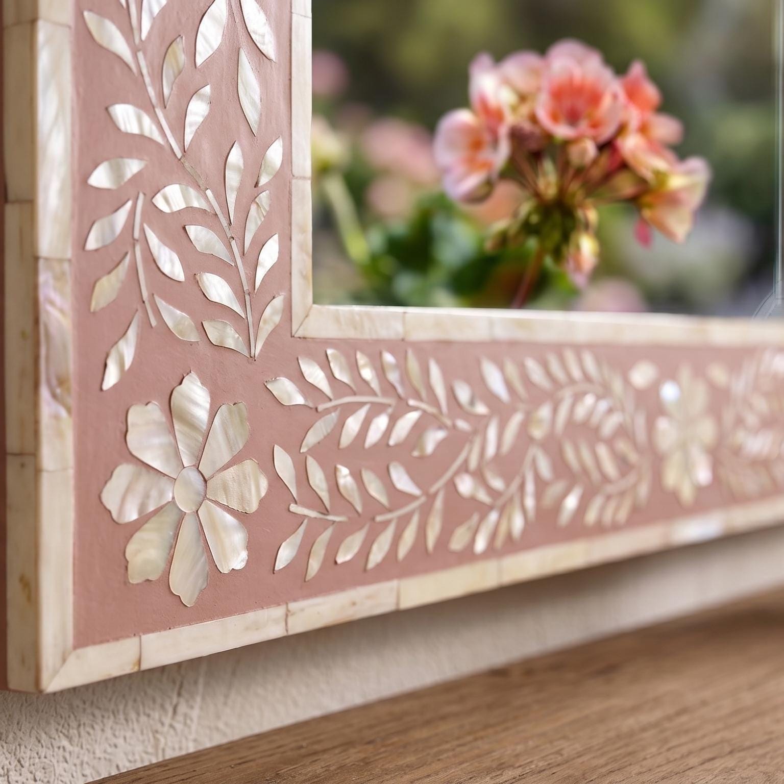 Floral Bone Inlay Arch Mirror blush pink Wall Vanity Decor