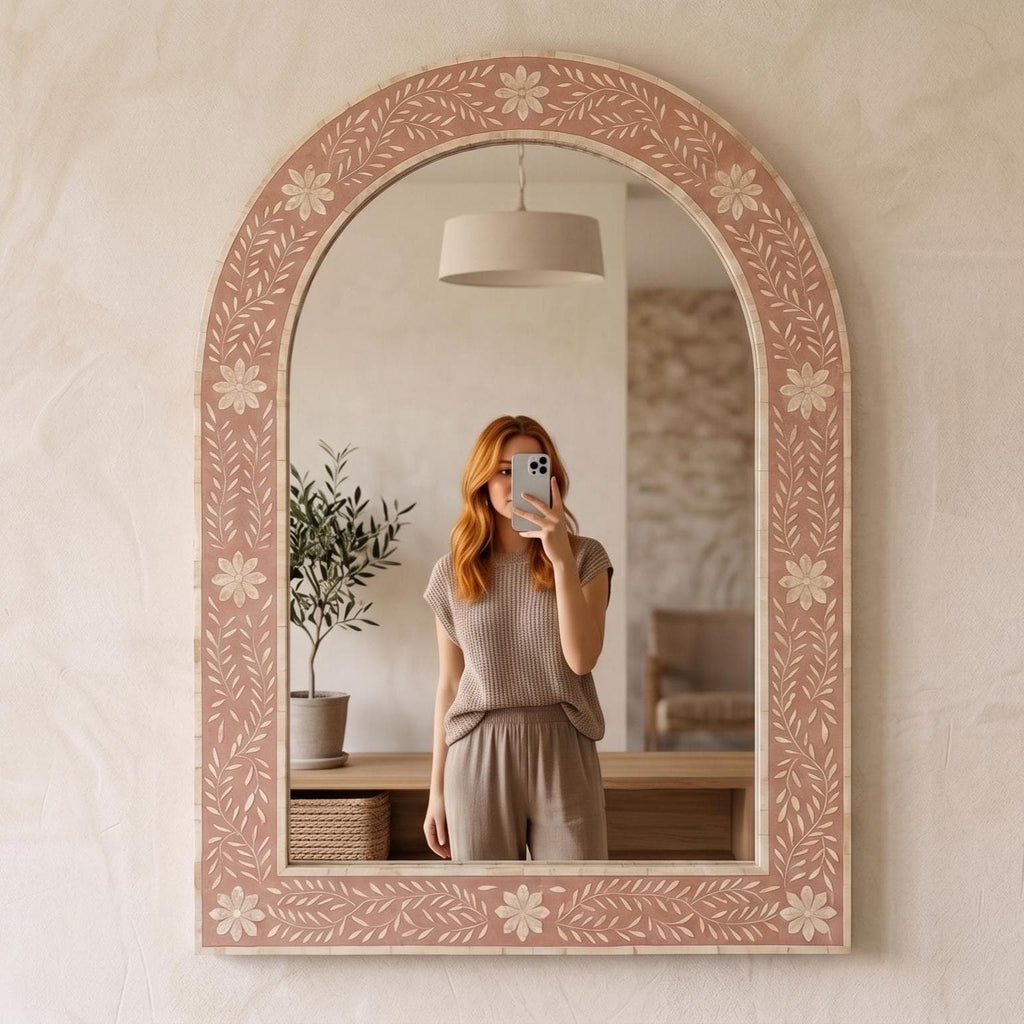 Floral Bone Inlay Arch Mirror blush pink Wall Vanity Decor