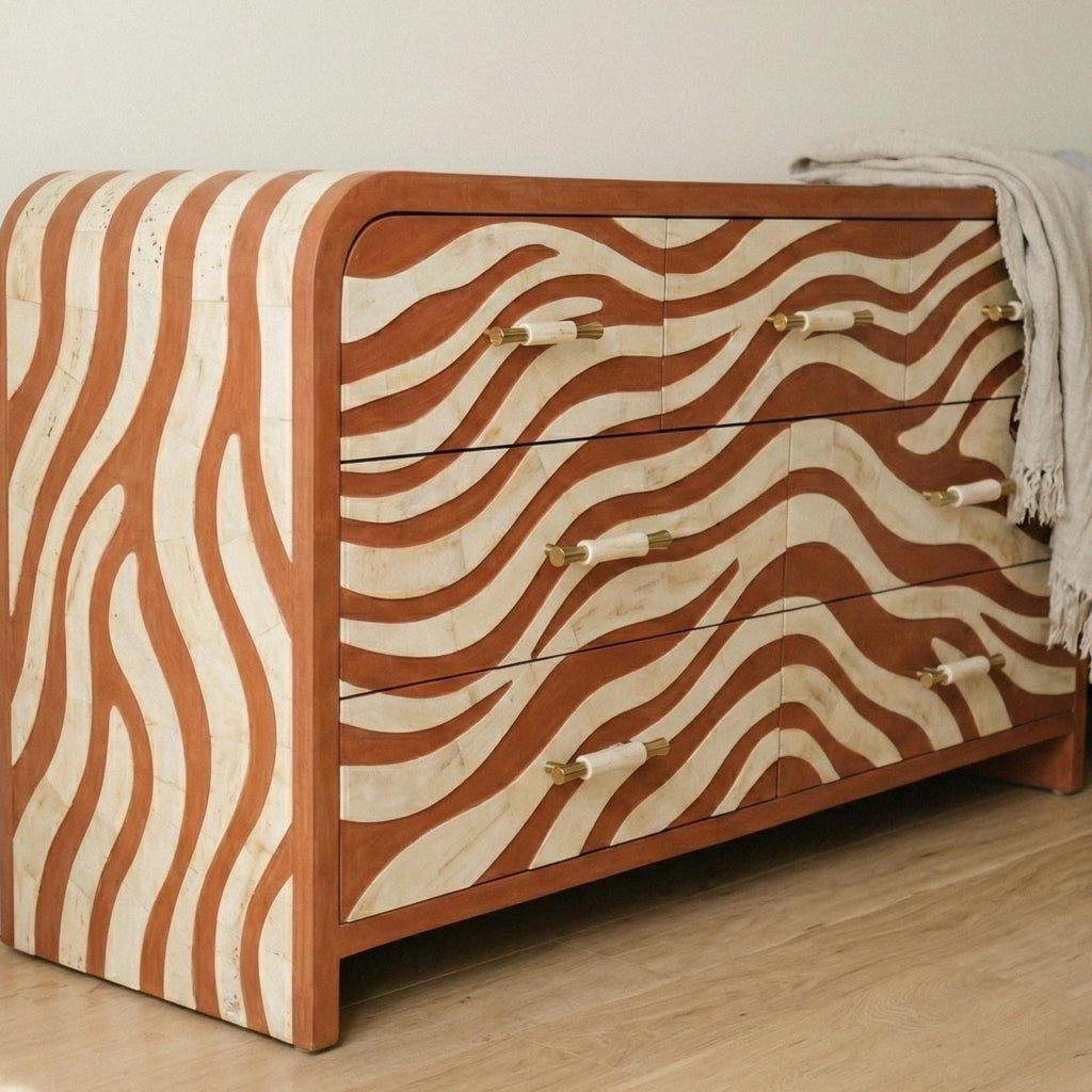 Terracotta bone inlay dresser with wavy organic pattern and curved modern design , luxury dresser