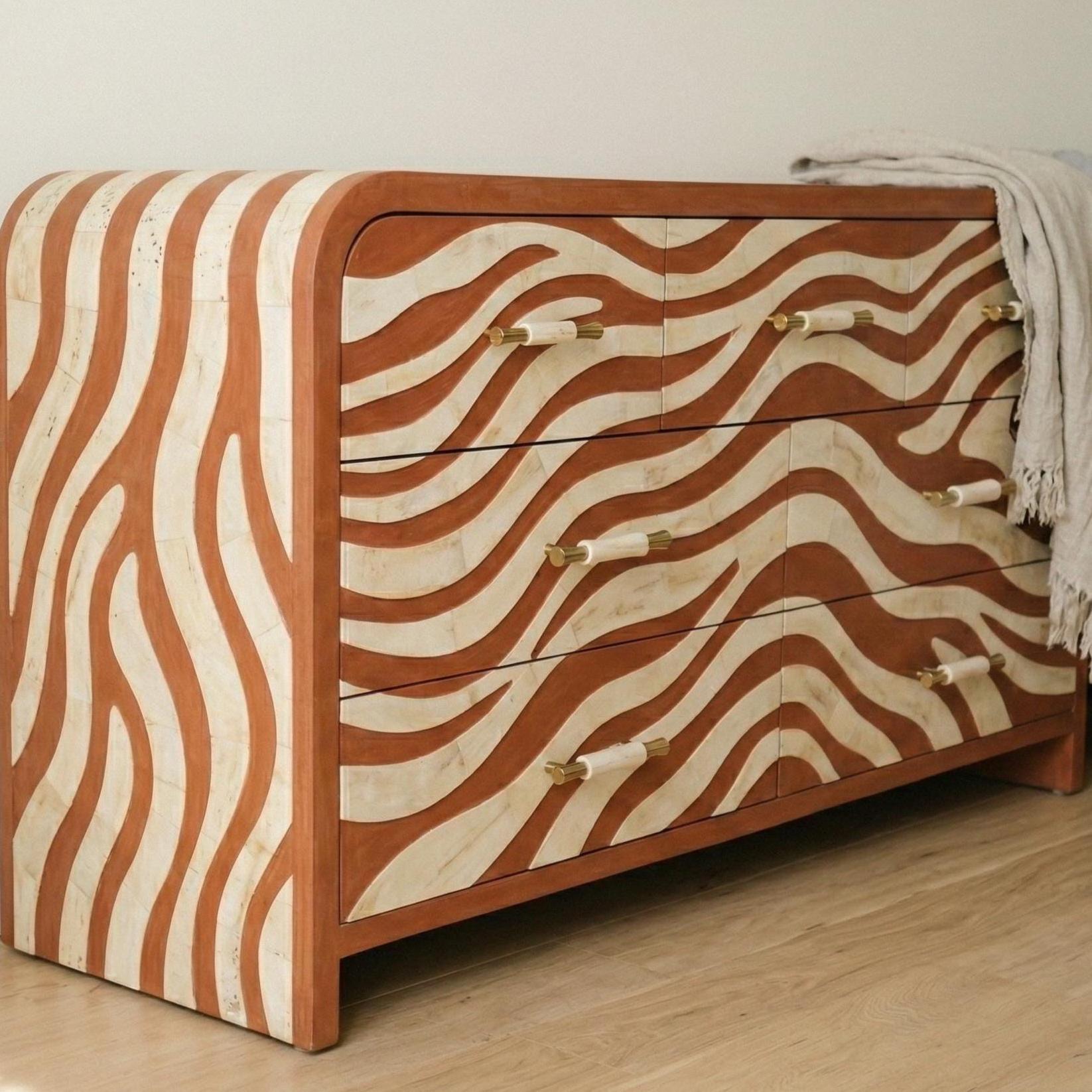 Terracotta bone inlay dresser with wavy organic pattern and curved modern design , luxury dresser