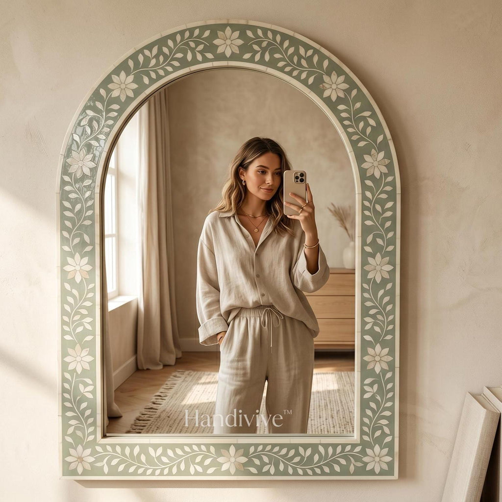 Sage Green Floral Bone Inlay Arch Mirror Wall Decor