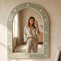 Sage Green Floral Bone Inlay Arch Mirror Wall Decor