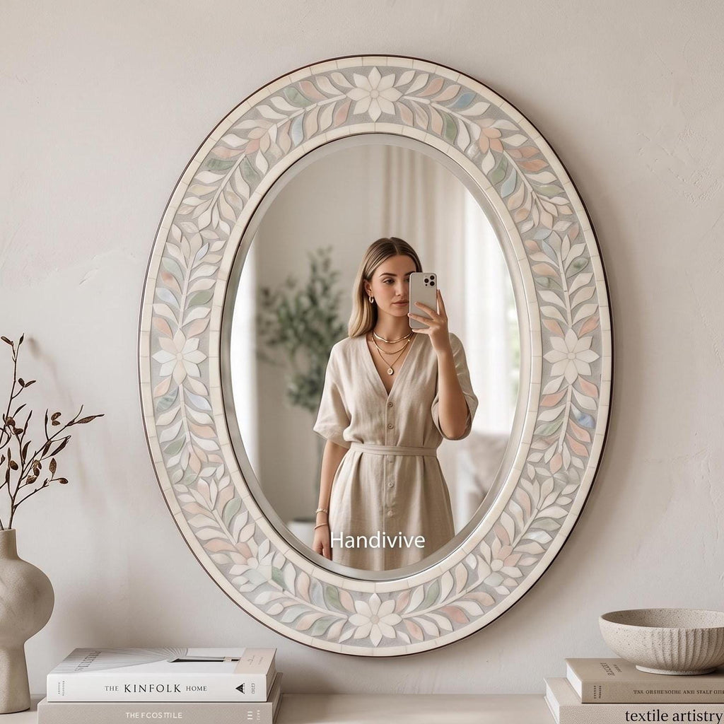 Oval Bone Inlay Floral Mirror – Boho Home Decor, Artisan Crafted Ivory Floral Wall Accent